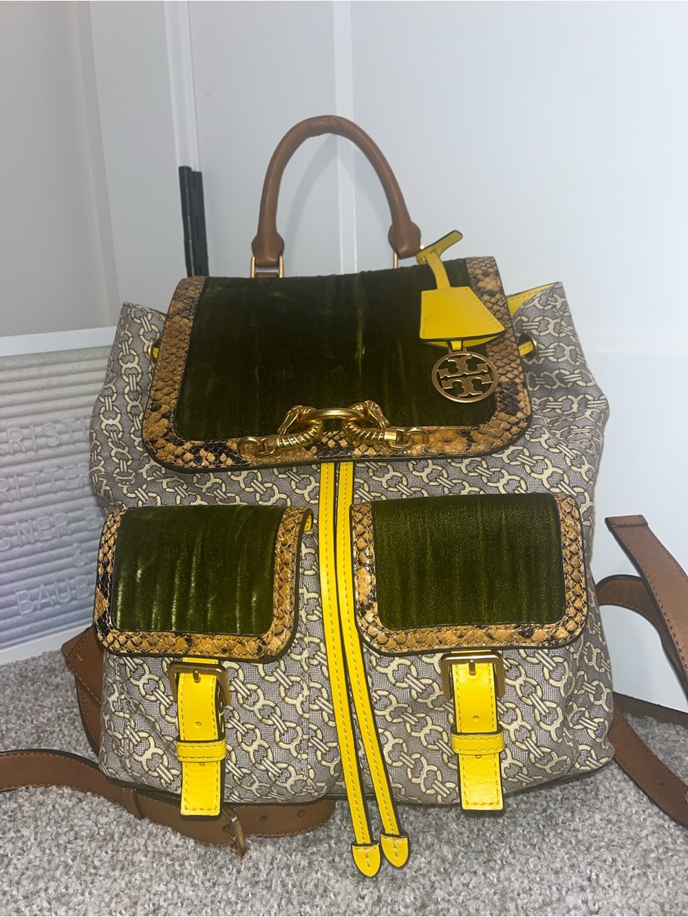 Extremely Rare High End Tory Burch Jessa Backpack w/Velvet Panels, Snake - Picture 4 of 12